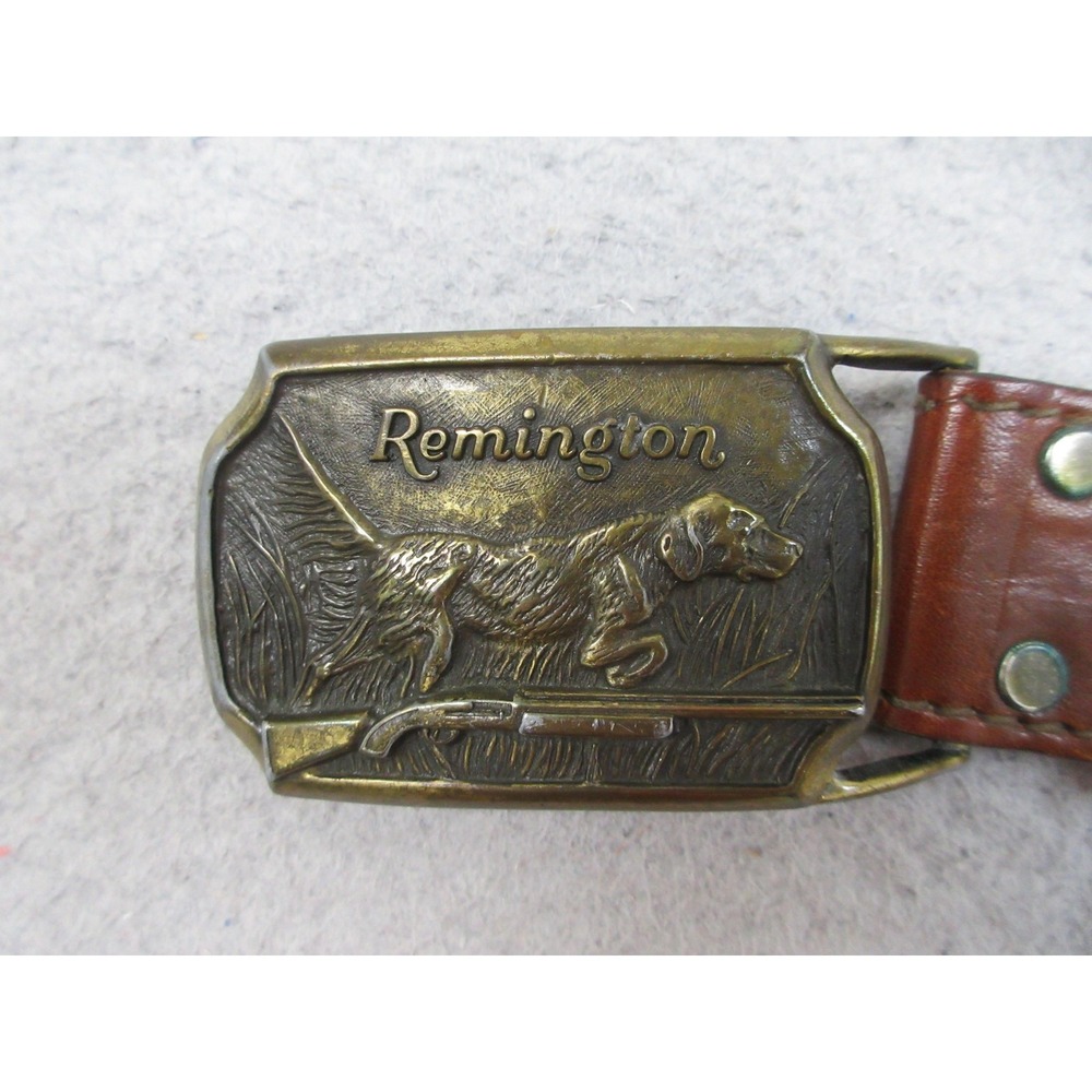 Vintage Remington Western Leather Belt Mens 38 Brown Dog Buckle Hunting 1974